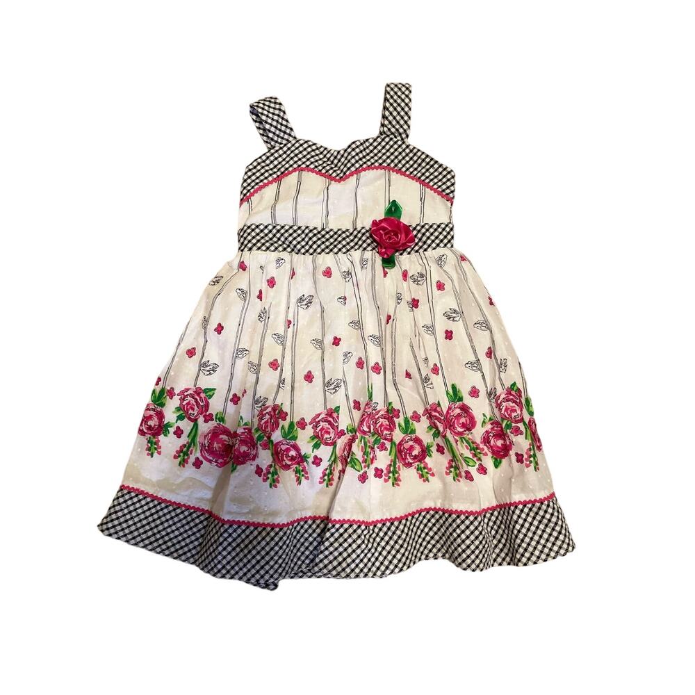 Youngland 4T Flower Tie Back Dress Red Pink Roses Black and White Check Edging